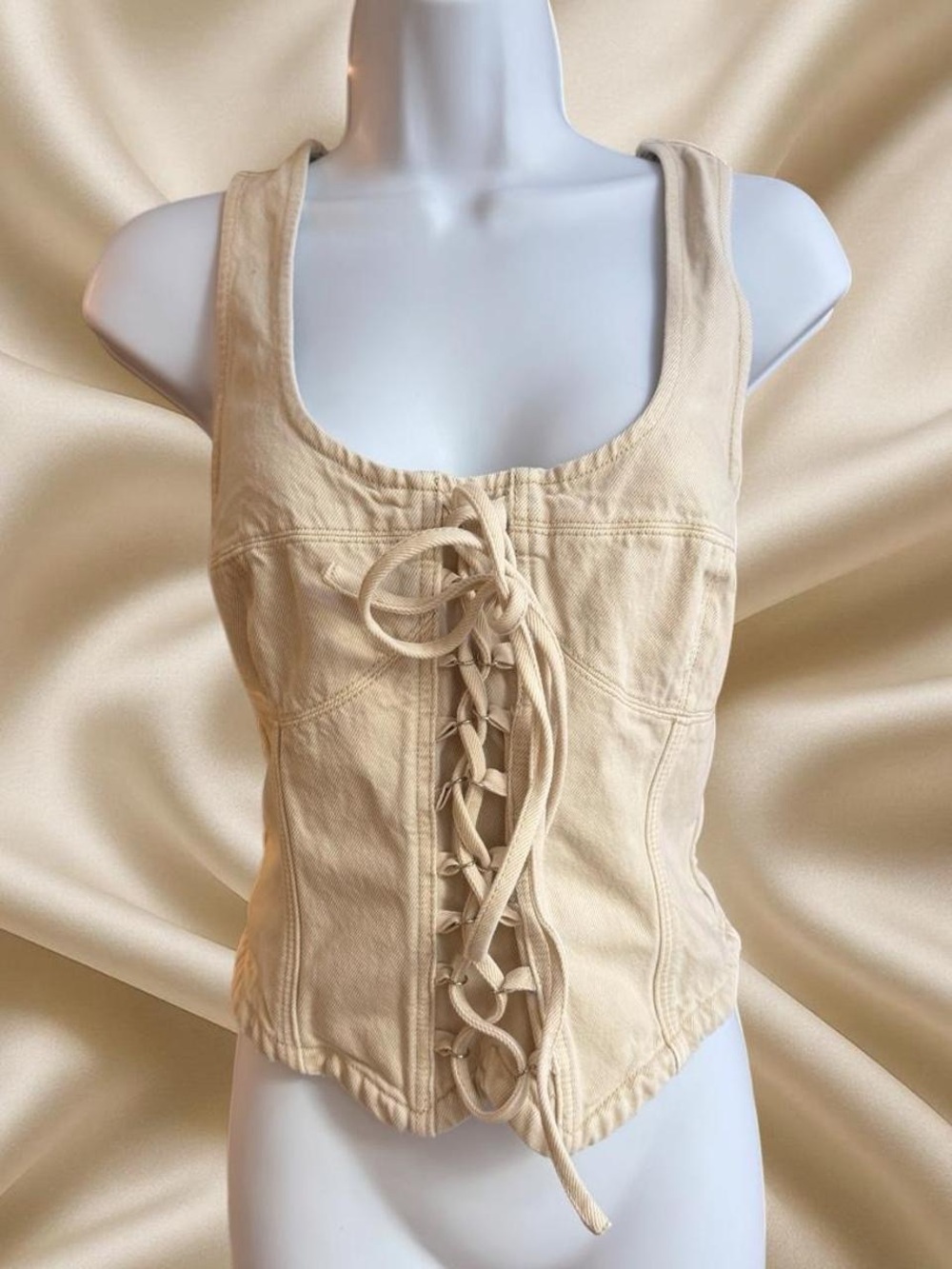 ABrand Jeans Lace-Up Scoop Neck Corset Tank Top - Cream